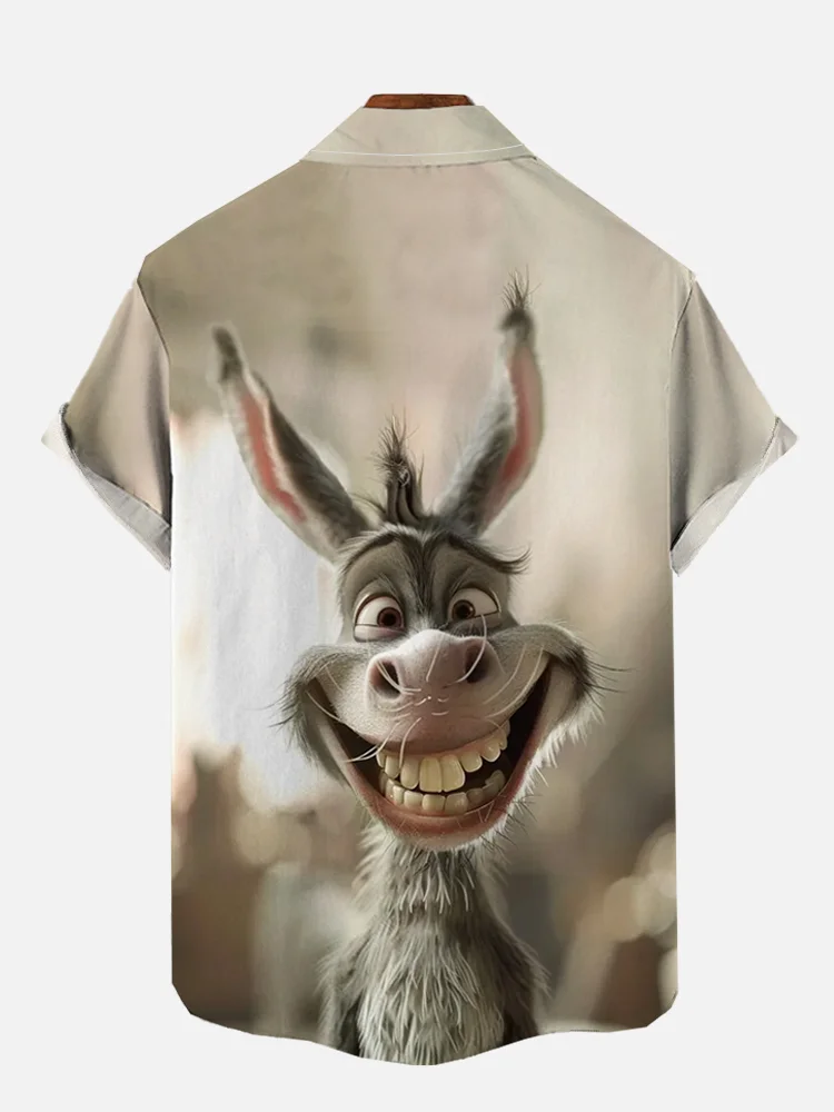 Men's Funny Animal Smiling Donkey Print Short Sleeve Shirt
