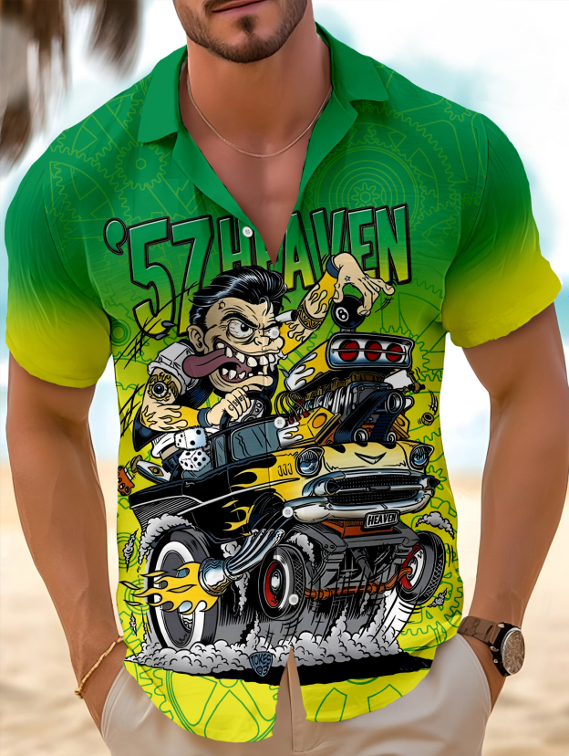 Men's retro cartoon car graphic illustration short sleeve cuban collar