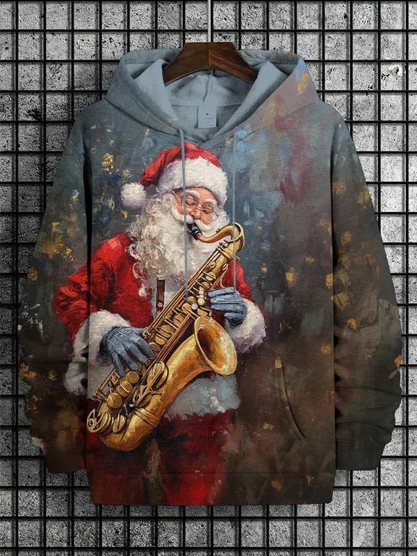 Men's Santa Claus Playing Saxophone Oil Painting Print Hooded Sweatshirt