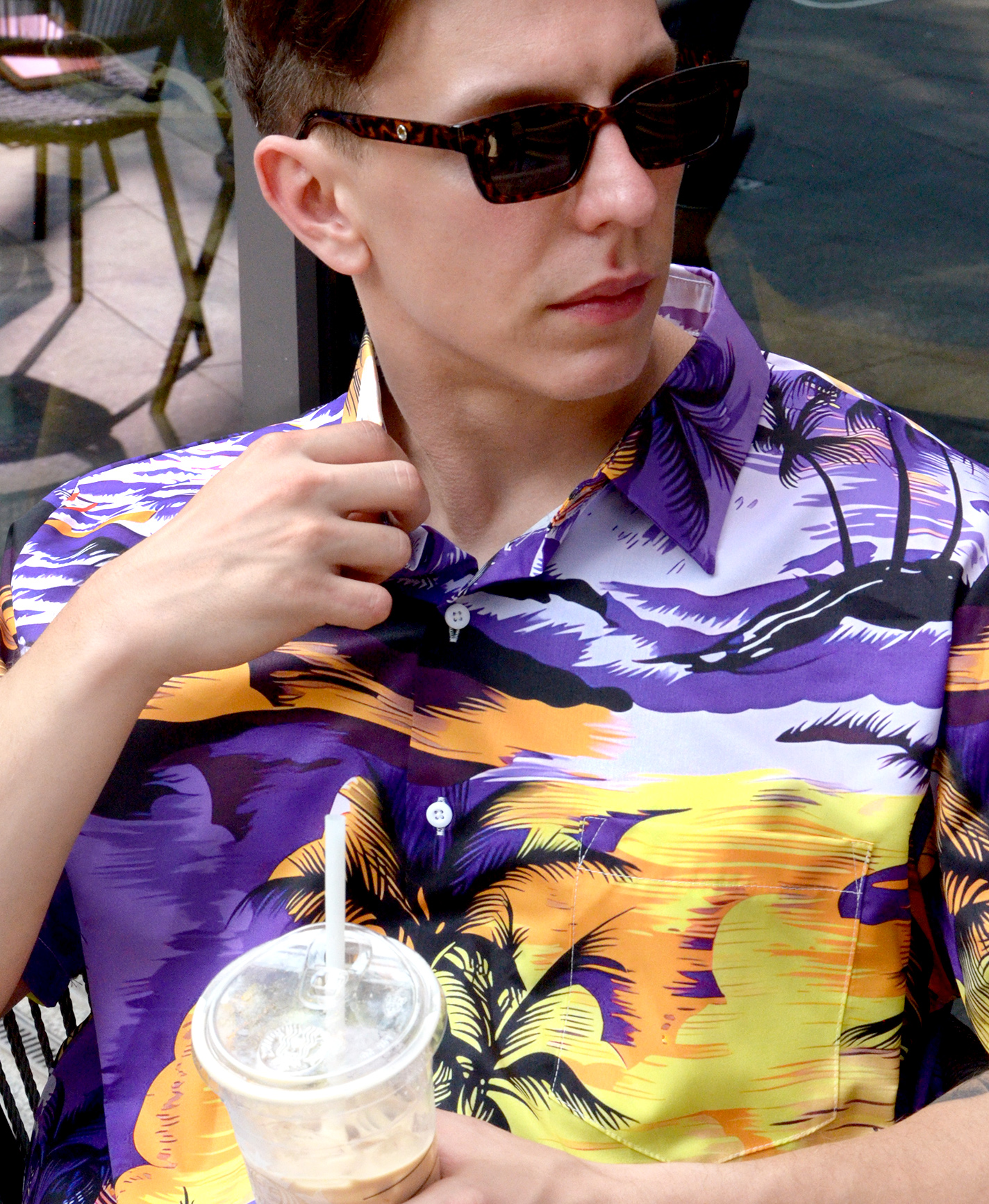 Men's Hawaiian Aloha Shirt, Short Sleeve Button Down, Tropical Palm Tree Print, Purple and Yellow