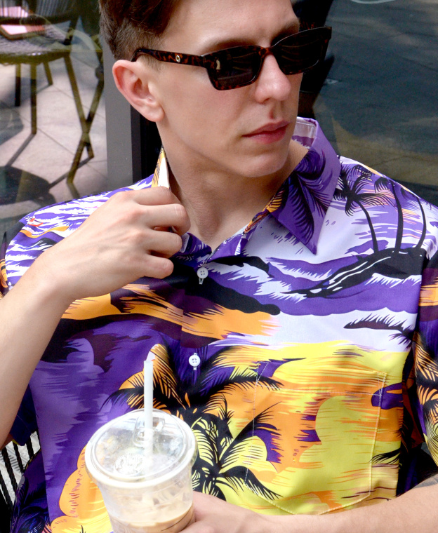 Men's Hawaiian Aloha Shirt, Short Sleeve Button Down, Tropical Palm Tree Print, Purple and Yellow