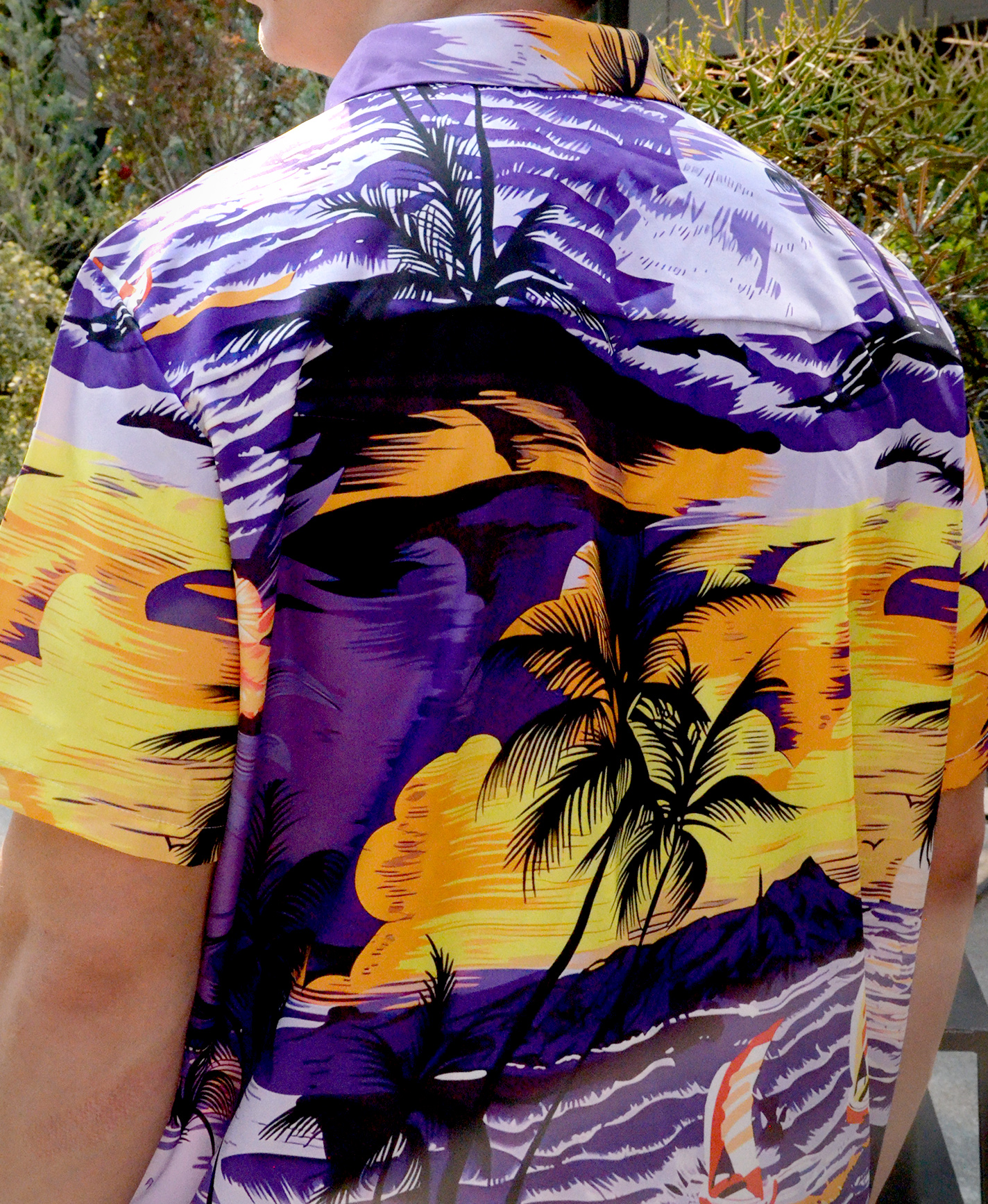 Men's Hawaiian Aloha Shirt, Short Sleeve Button Down, Tropical Palm Tree Print, Purple and Yellow