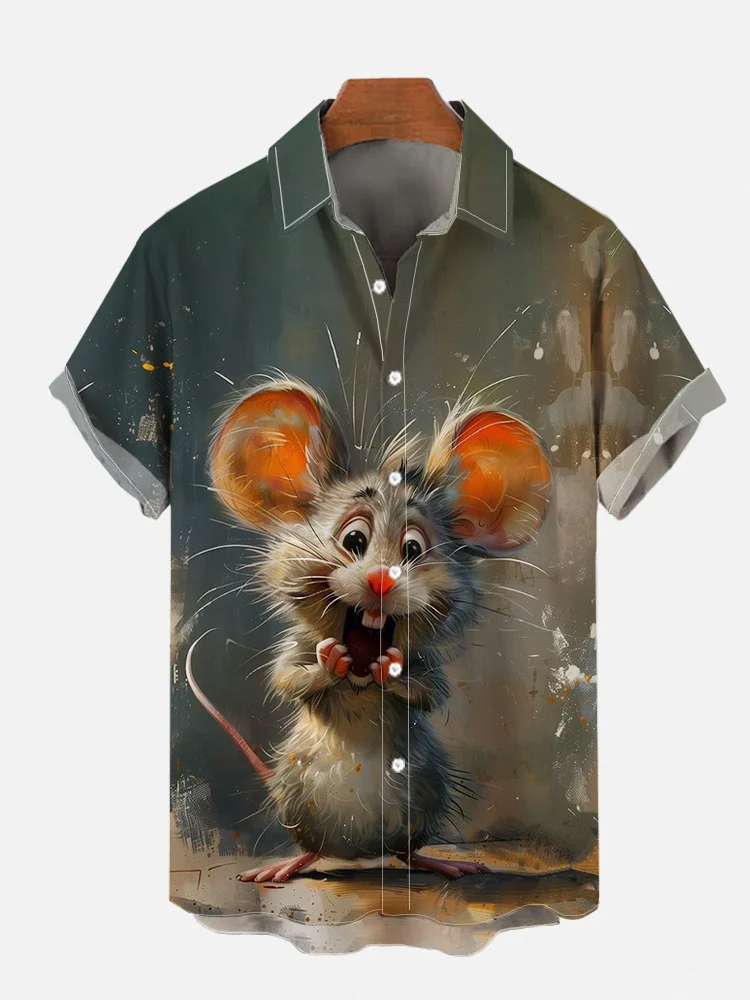 Men's Fun Animal Surprise House Mouse Print Short Sleeve Shirt