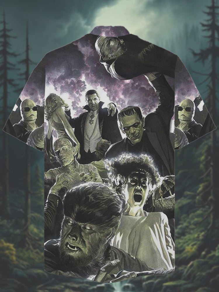 Men's Vintage Halloween Horror Cuban Collar Print Shirt