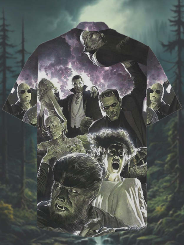 Men's Vintage Halloween Horror Cuban Collar Print Shirt