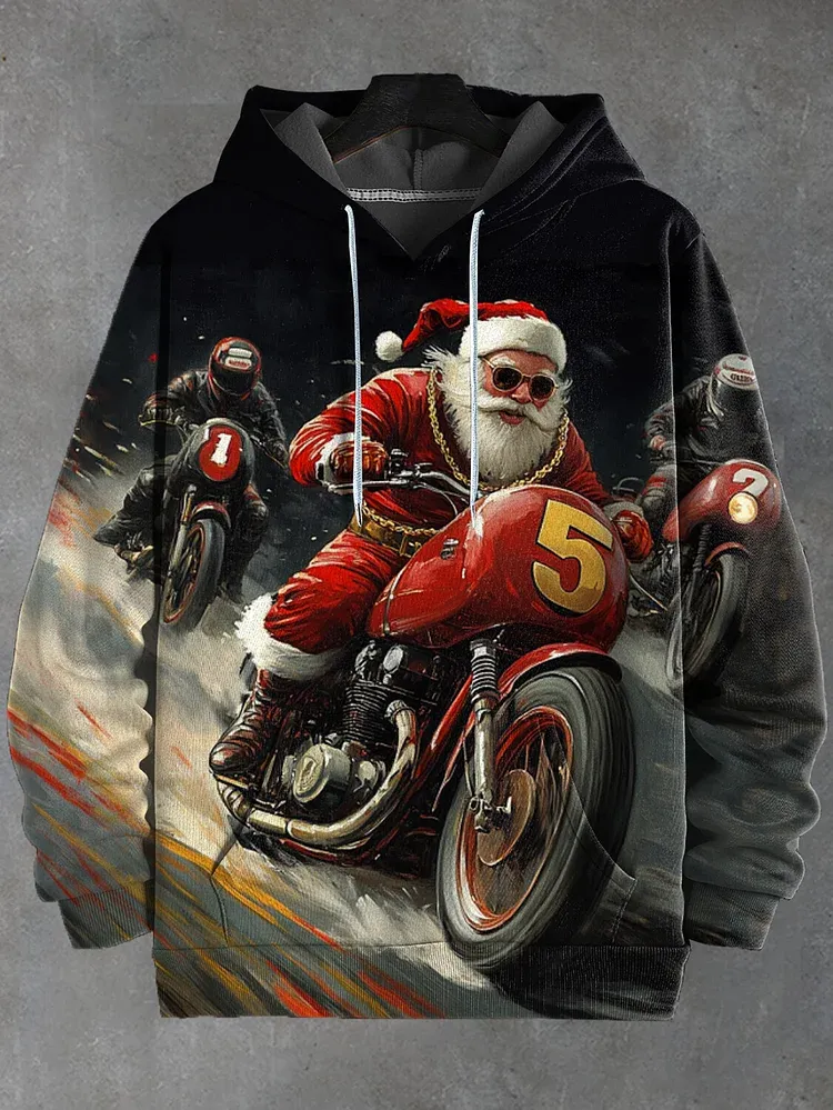 Men's Christmas Santa Racing Motorcycle Art Print Casual Hoodie