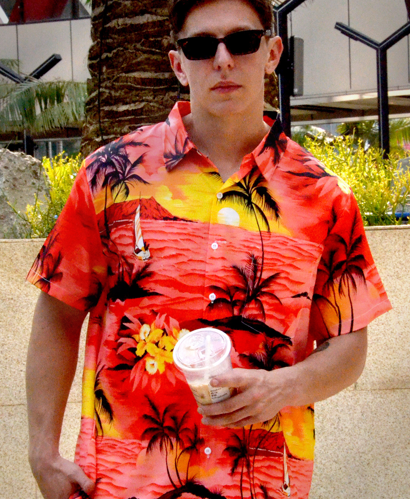 Men's Hawaiian Tropical Beach Print Shirt, Short Sleeve Button Down, Red Sunset Palm Design