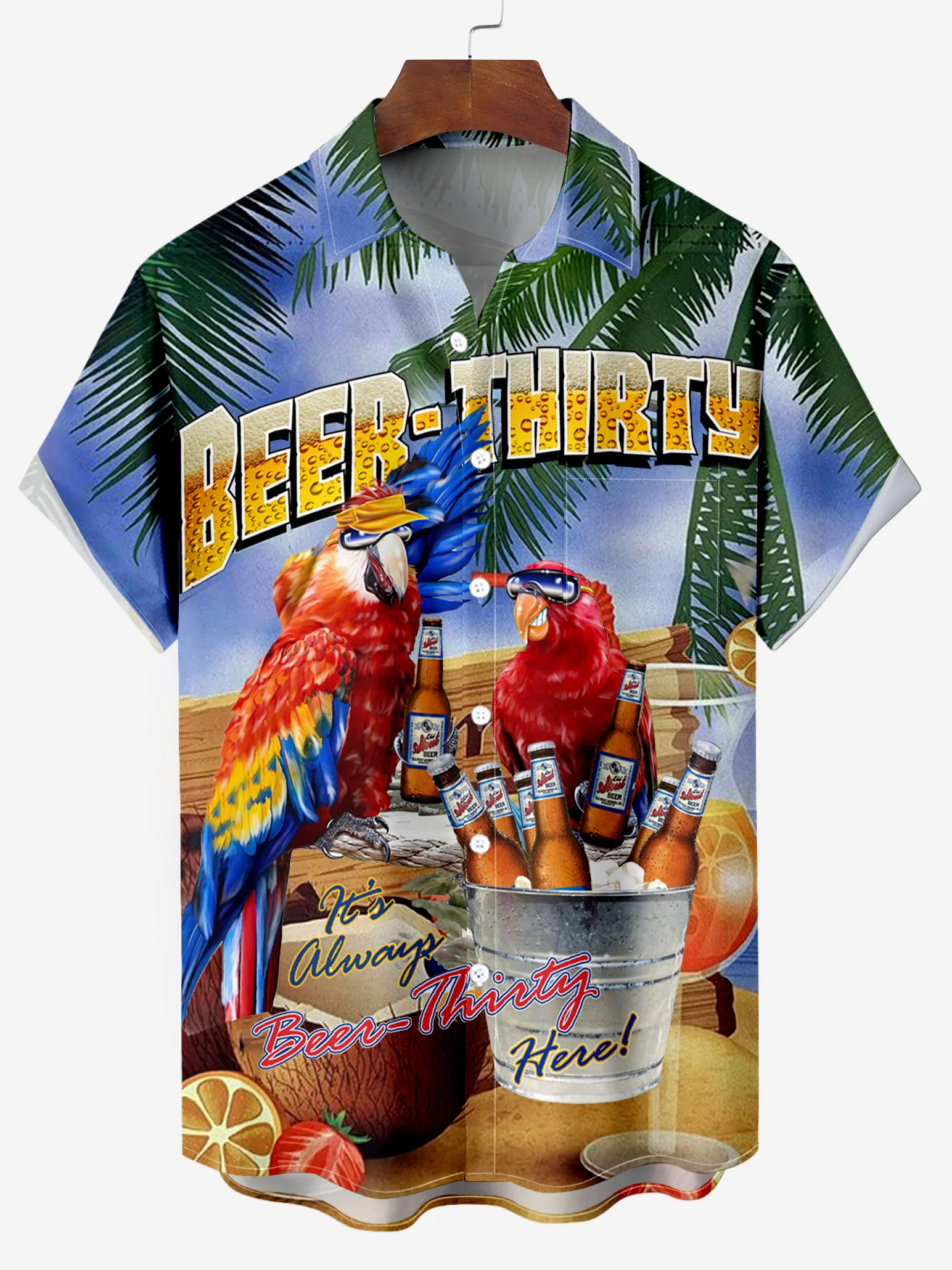 Parrot Vacation Beer Party Casual Hawaiian Short Sleeve Shirt