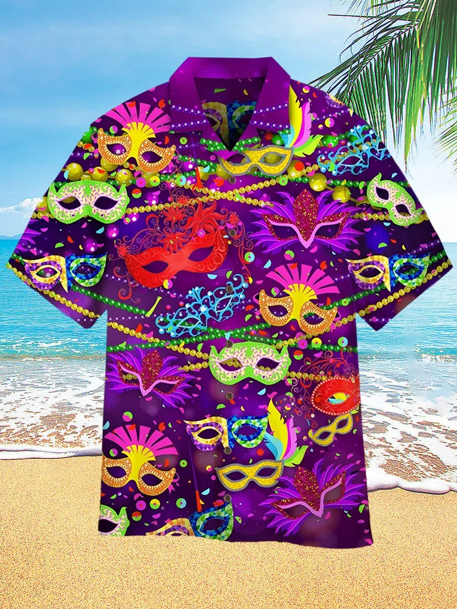 Carnival Colorful Mask Graphic Print Carnival Hawaiian Short Sleeve Sh