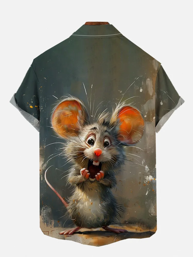 Men's Fun Animal Surprise House Mouse Print Short Sleeve Shirt