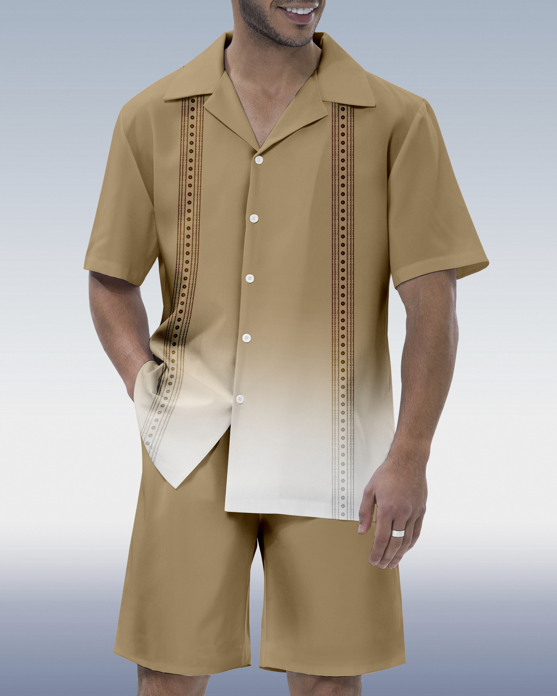 Men's Gradient Race Stripe Print Hawaiian Cuban Collar Short Sleeve Shirt Set