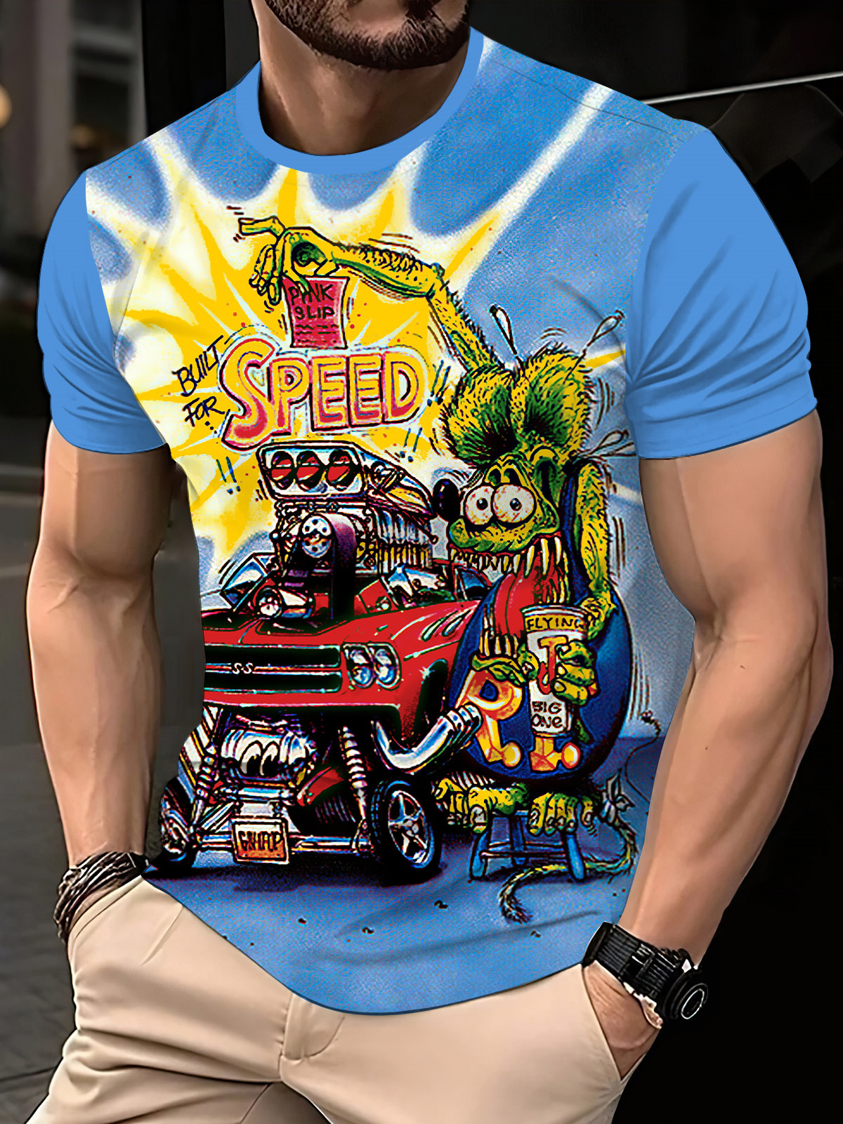 Men's Retro Cartoon Car Graphic Illustration Short Sleeve T-Shirt
