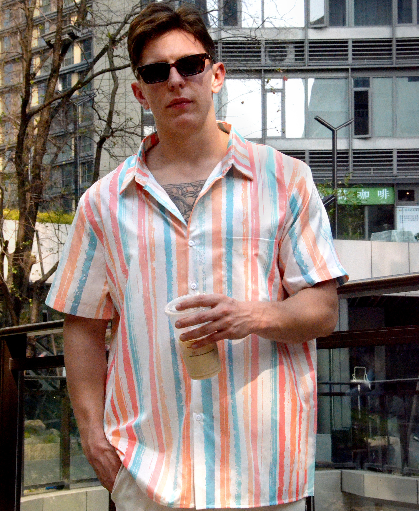 Men's Short Sleeve Button Down Shirt, Pastel Striped Pattern, Casual Summer Fit