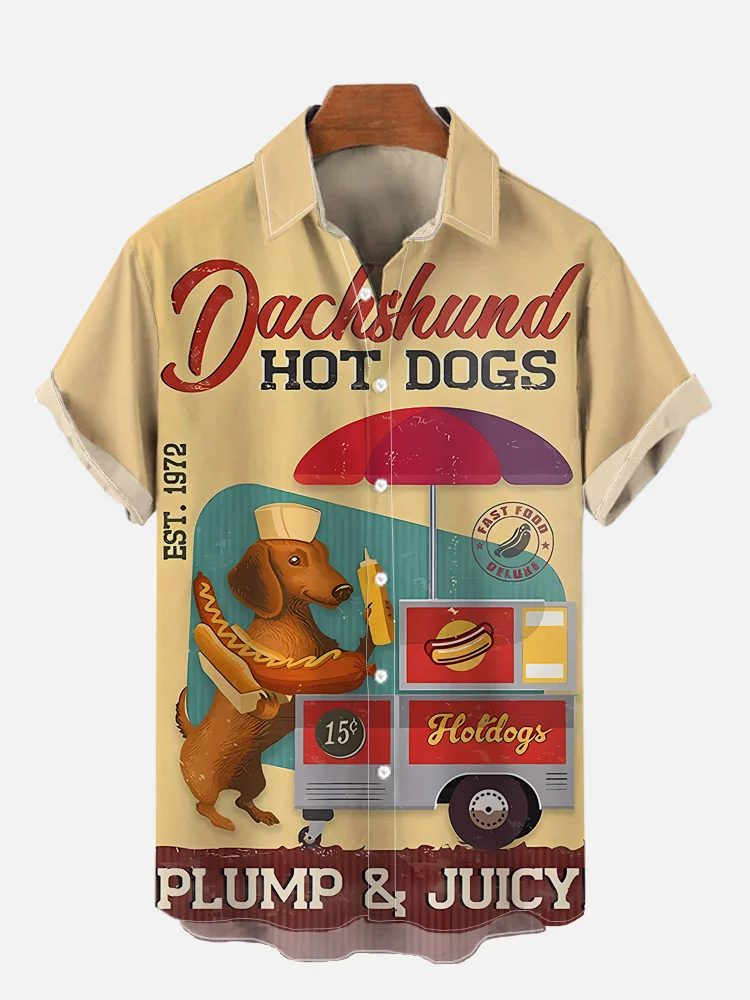 Vintage BBQ Dachshund and Hot Dog Cart Print Short Sleeve Shirt