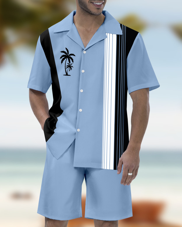 Men's Casual Vacation Hawaiian Cuban Collar Short Sleeve Shirt Set
