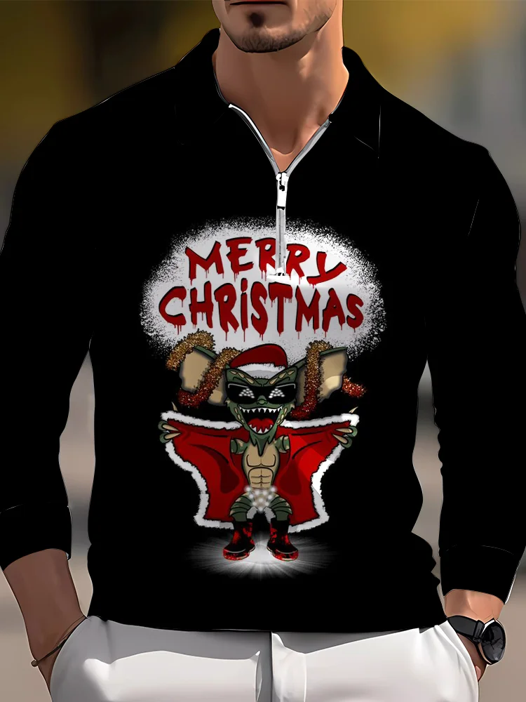 Men's casual art graphic zip long sleeve polo shirt