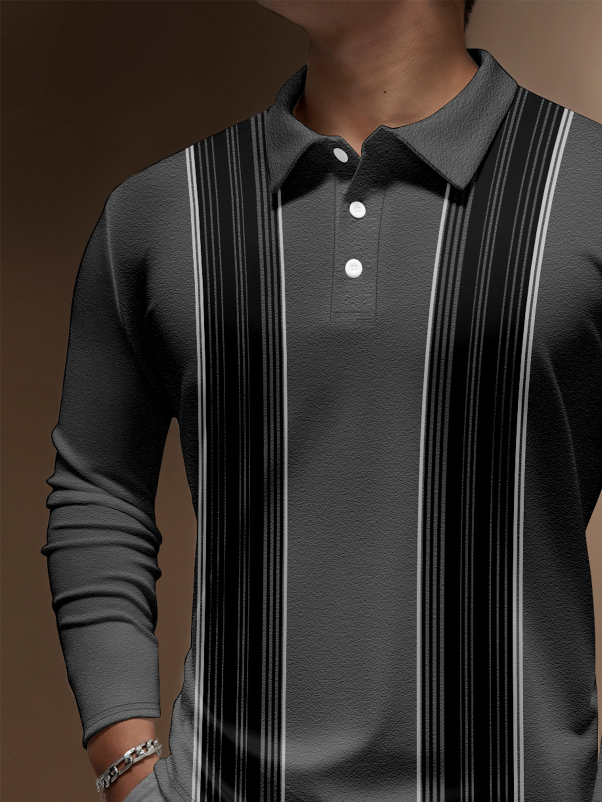   Geometric Striped Button Long Sleeve Polo