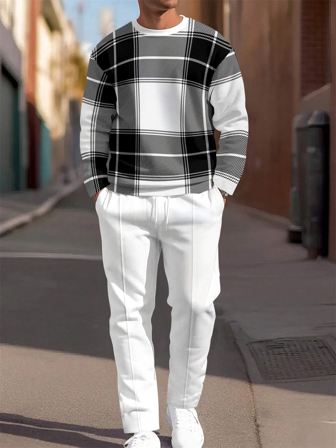 Men's Simple Colorblock Round Neck Casual Sports Set 052