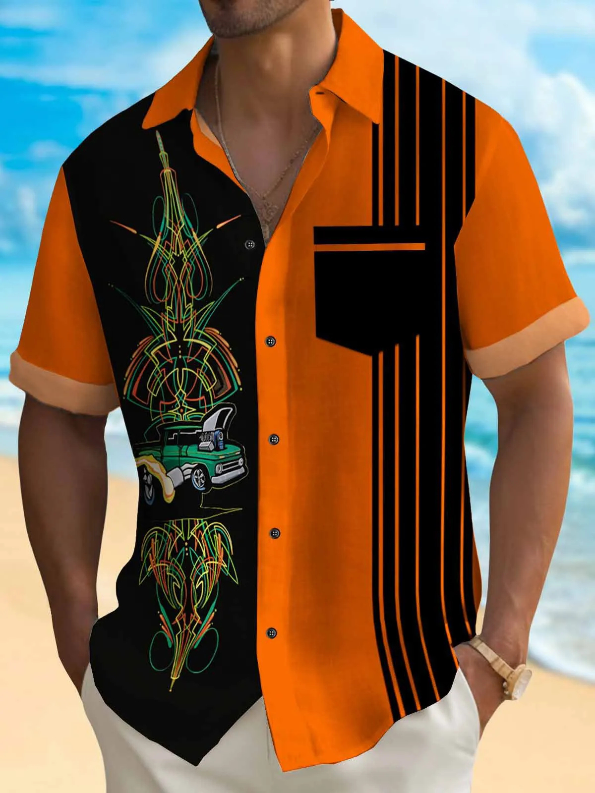50's Retro Pinstripe Car Cartoon Art Bowling Short Sleeve Shirt