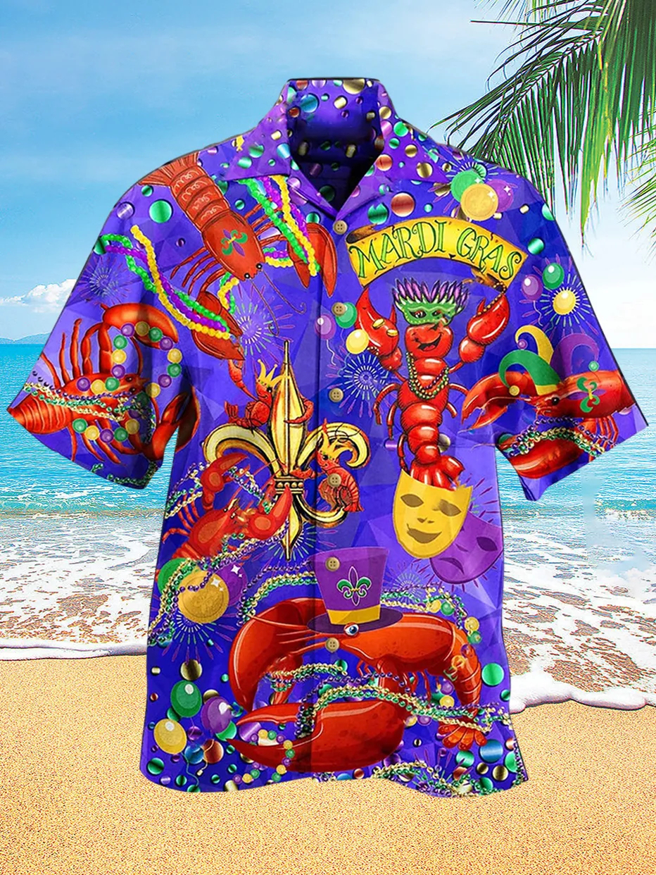Happy Mardi Gras Crayfish Hawaiian Print Short Sleeve Shirt