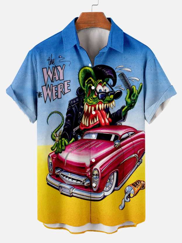Men's Nostalgic Anime Character Retro Car Short Sleeve Shirt