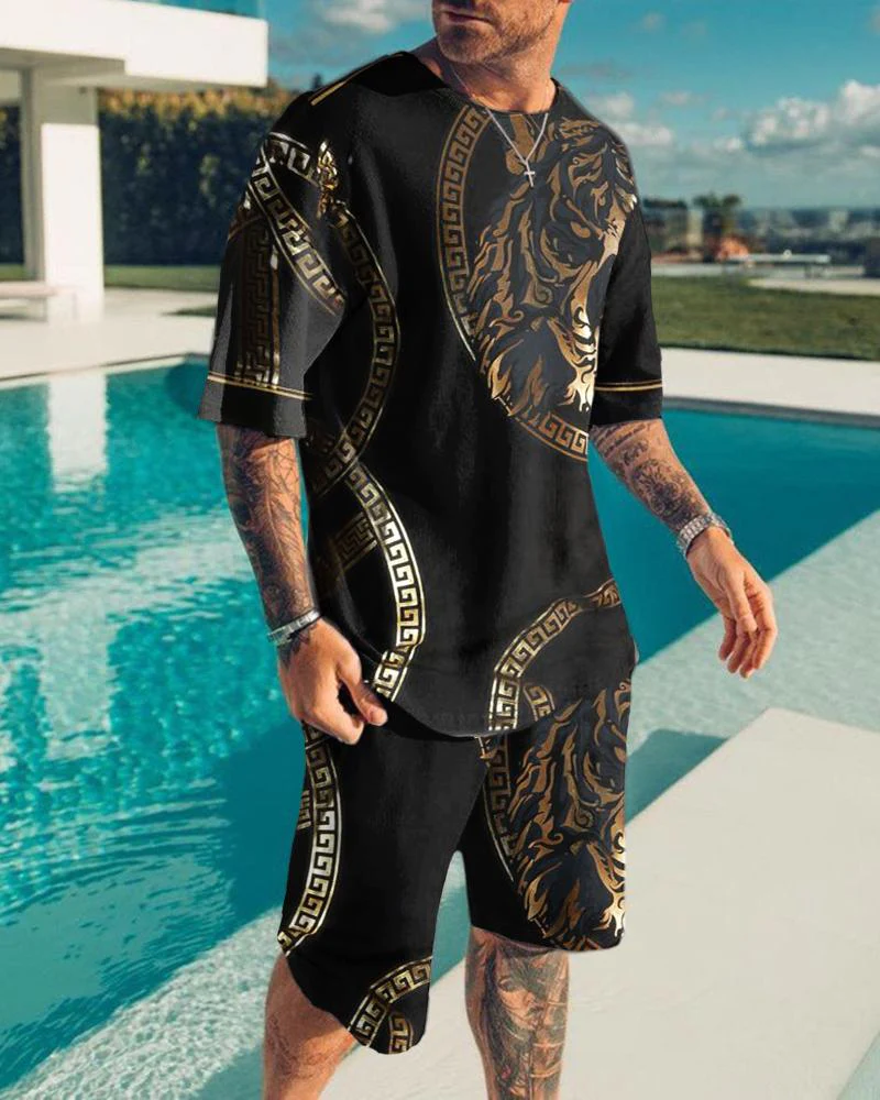 Men's Tiger Print Short Sleeve Two-Piece Set 3 Colors