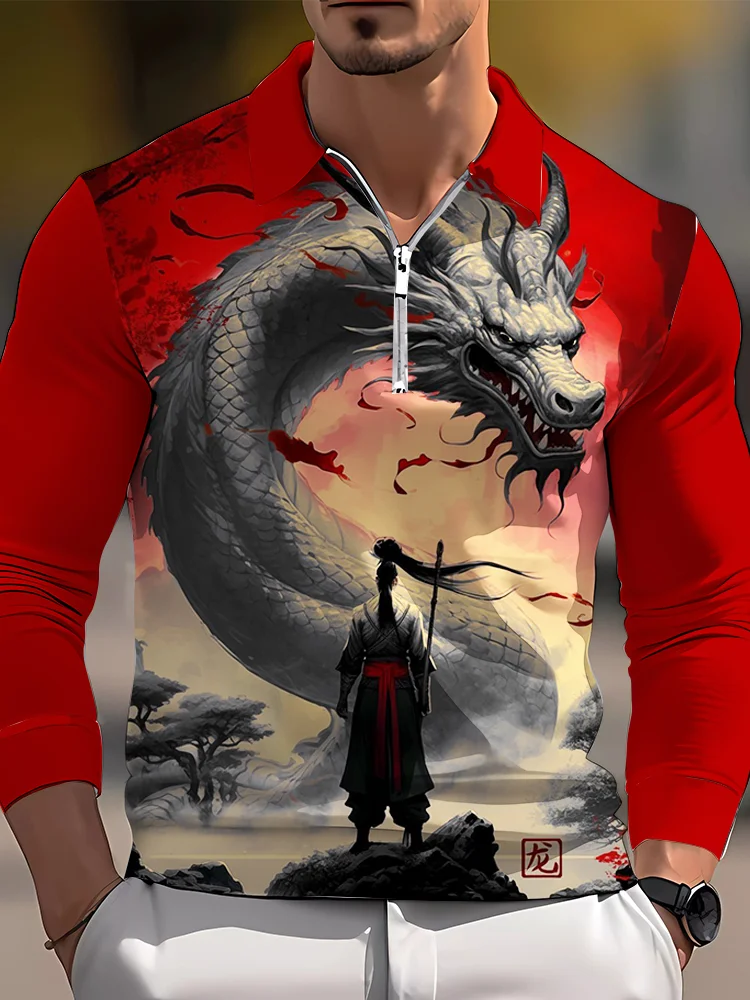 Men's casual art graphic zip long sleeve polo shirt