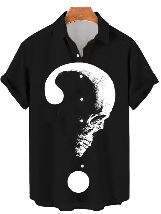 Men's casual question mark skull short sleeved pocket shirt