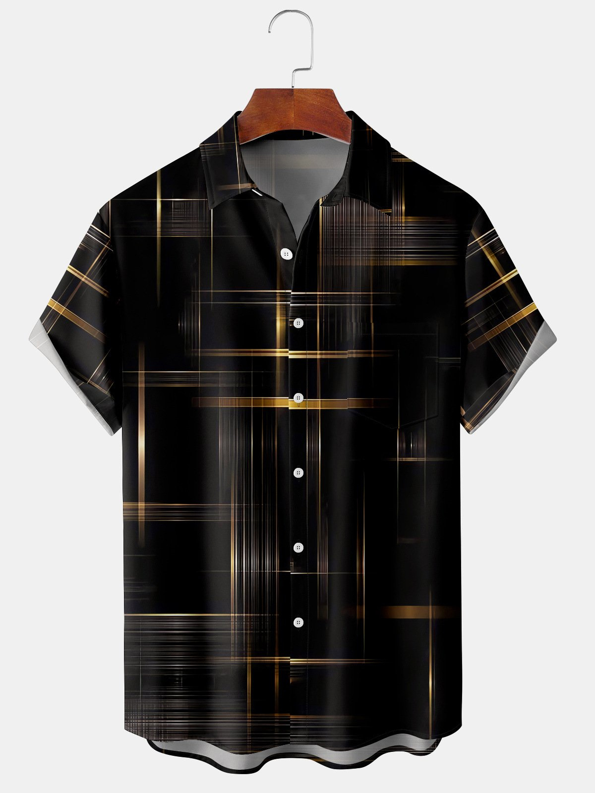 Men's casual black gold geometric pocket short sleeved shirt gray