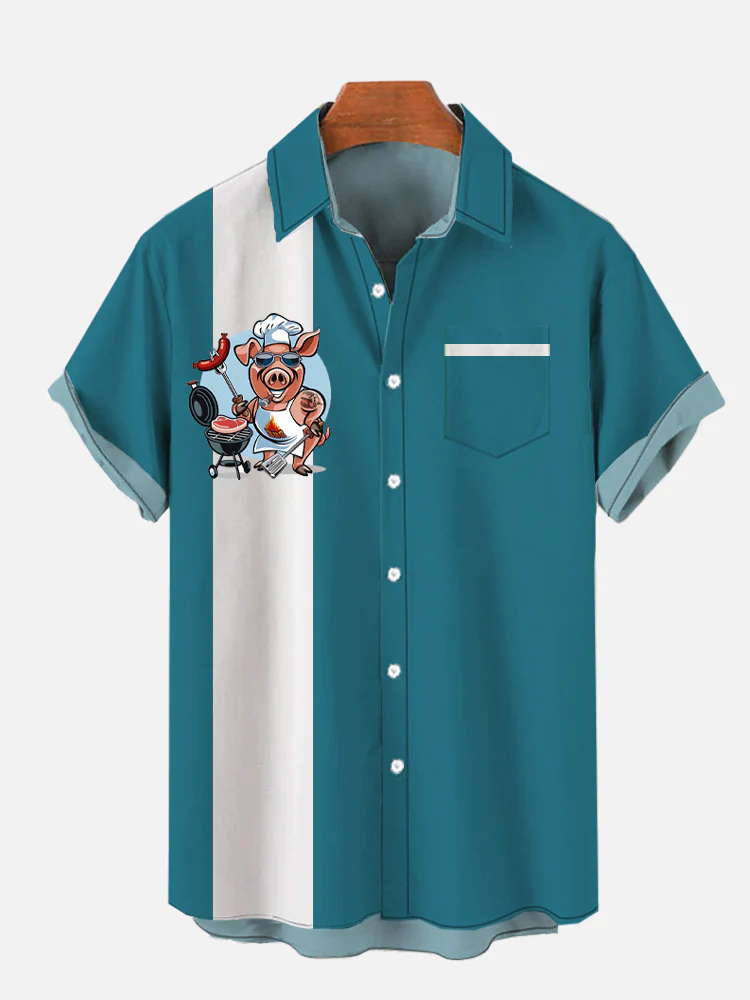 Men's Fun Pig Sausage Polo Collar Short Sleeve Bowling Shirt