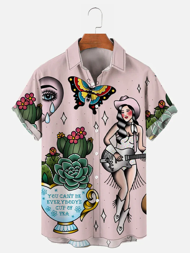 Men's casual Western girl denim printed flip collar short sleeved shirt