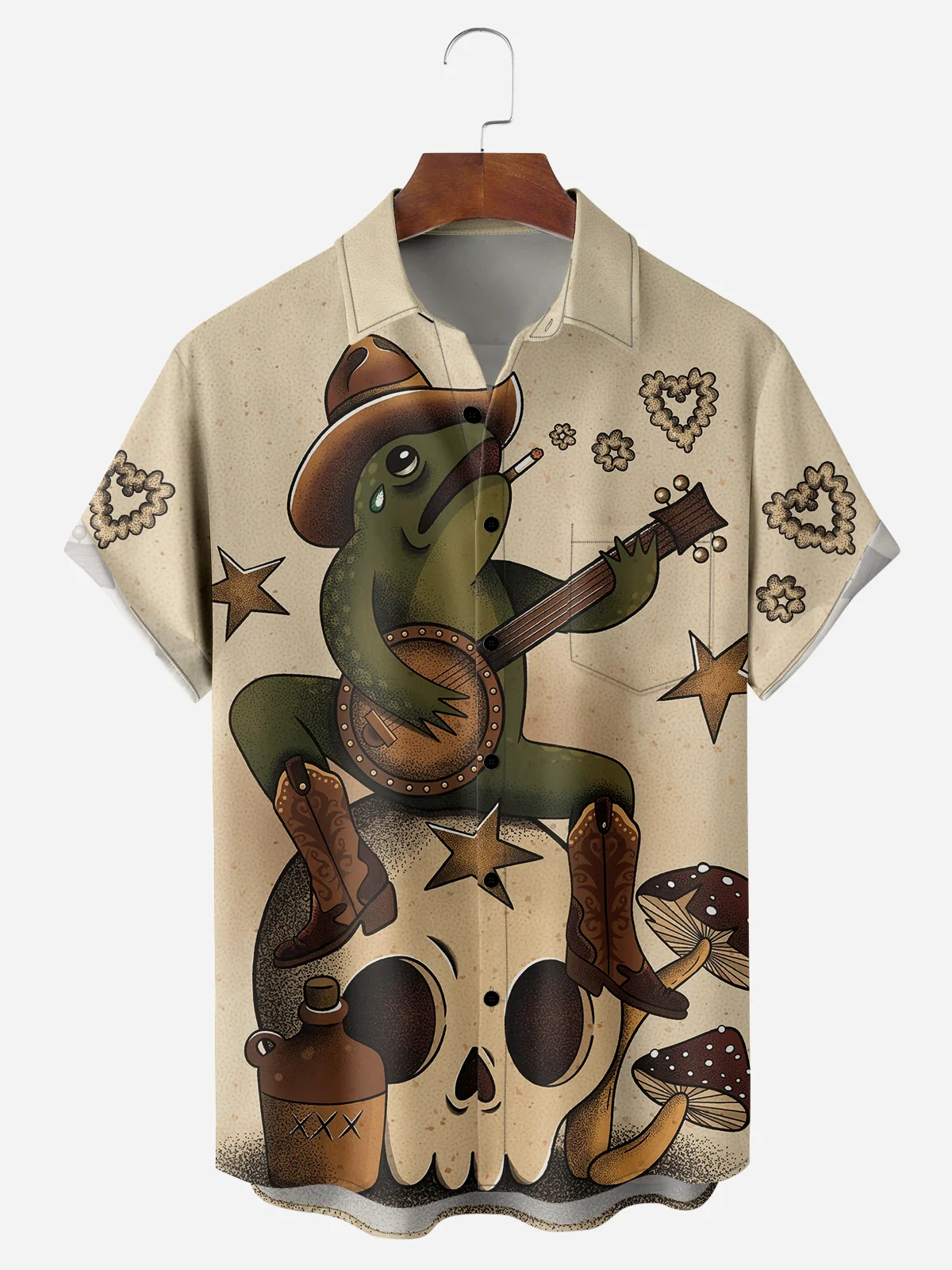 Men's Fun Casual Cartoon Cowboy Frog Short Sleeve Pocket Shirt