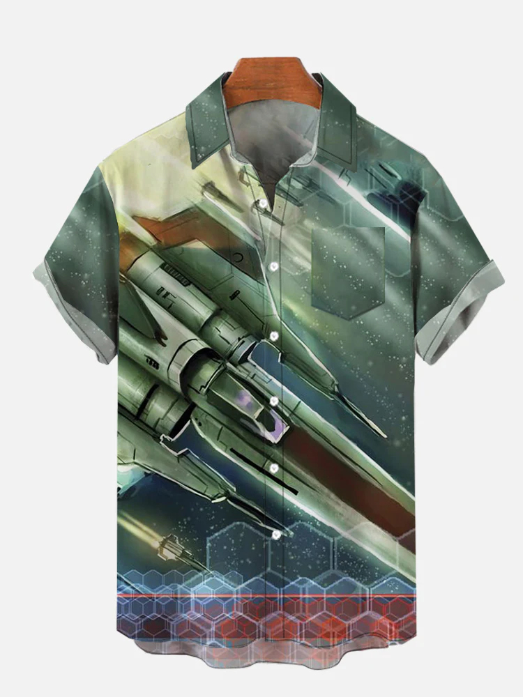 Men's sci-fi spaceship lapel pocket short sleeved shirt