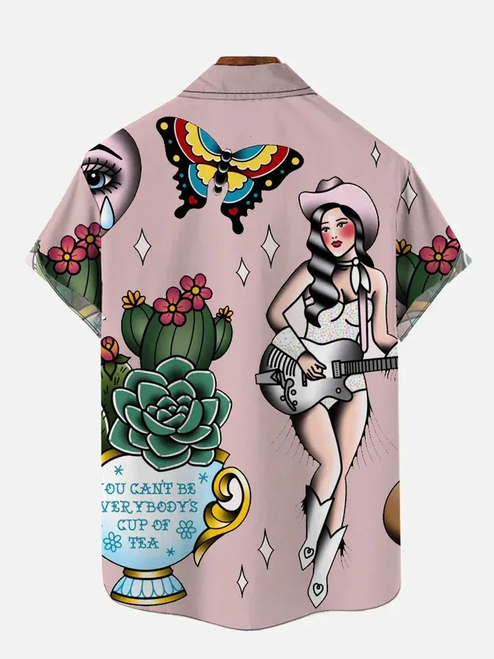 Men's casual Western girl denim printed flip collar short sleeved shirt