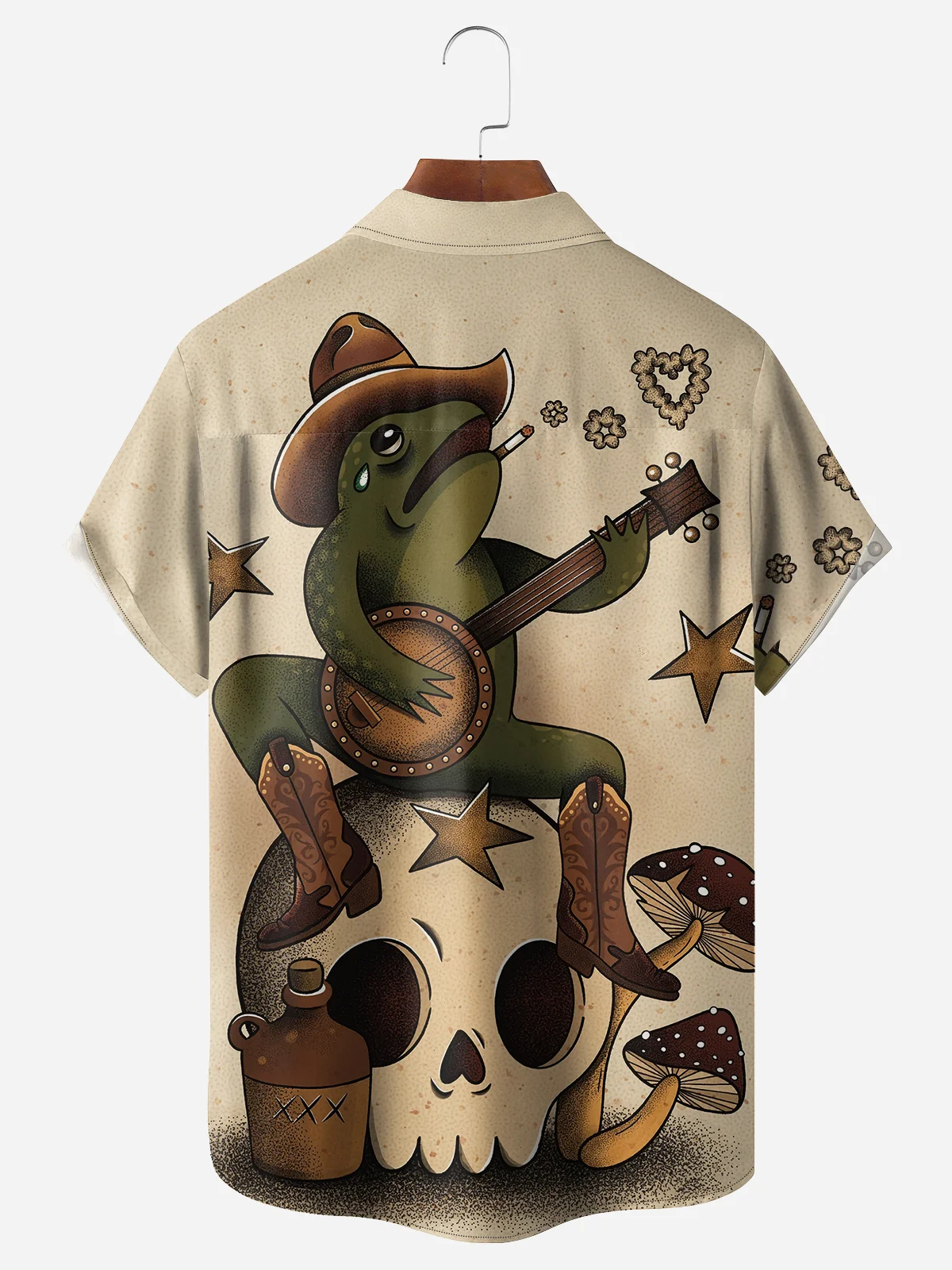 Men's Fun Casual Cartoon Cowboy Frog Short Sleeve Pocket Shirt