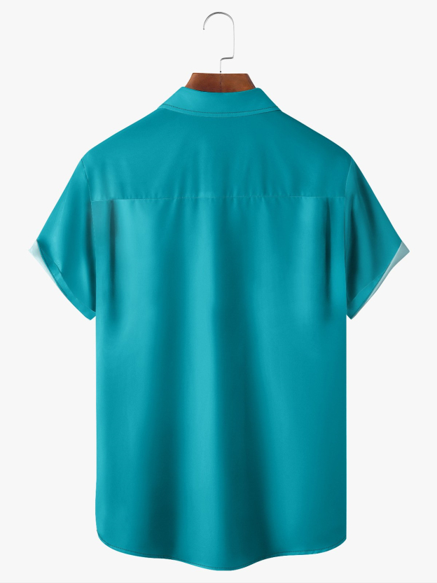 Men's striped casual short sleeved pocket bowling shirt