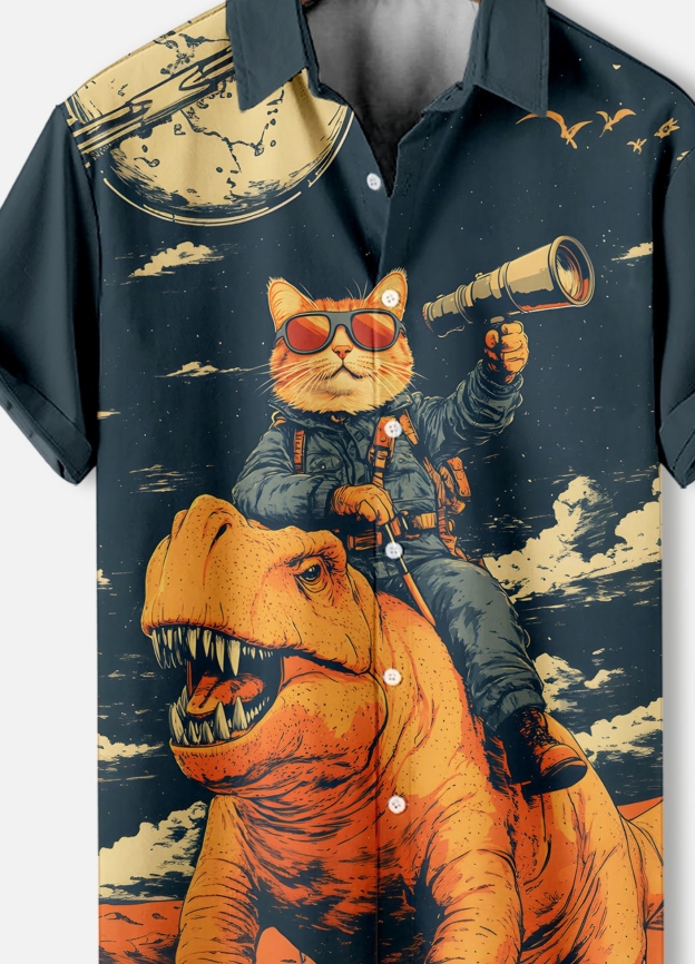 Men's Retro Cartoon Anime Cat Theme Short Sleeve Shirt