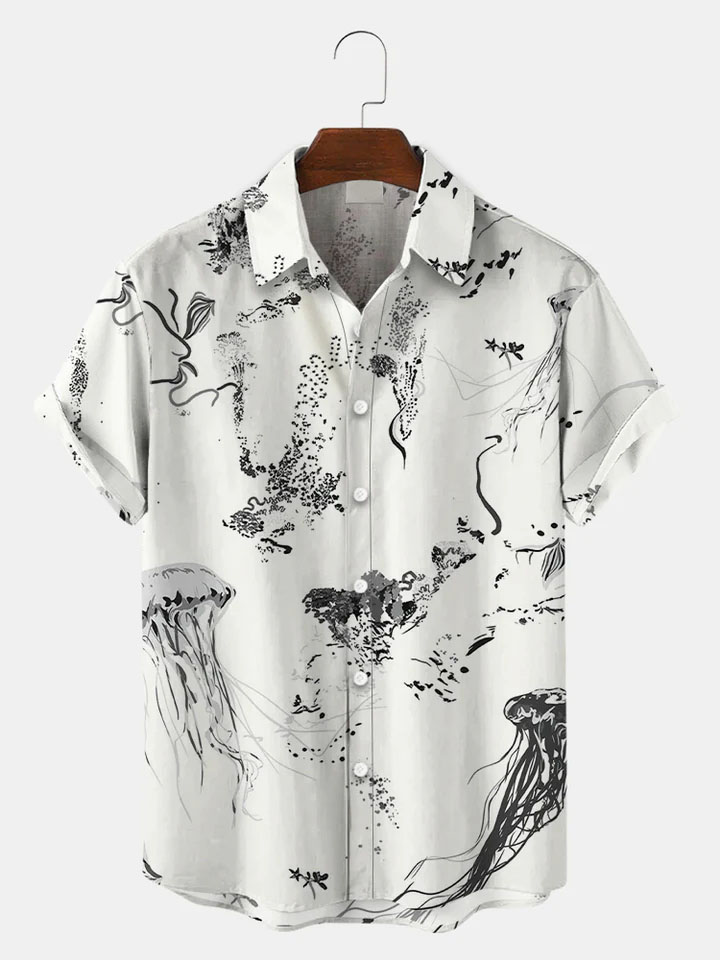 Men's Casual Sea Life Jellyfish Graphic Short Sleeve Shirt