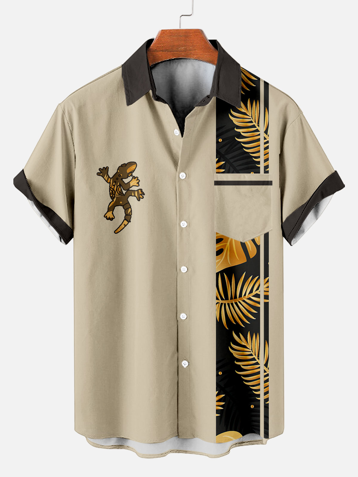 Men's Striped Simple Lizard Hawaiian Sleeve Short Shirt