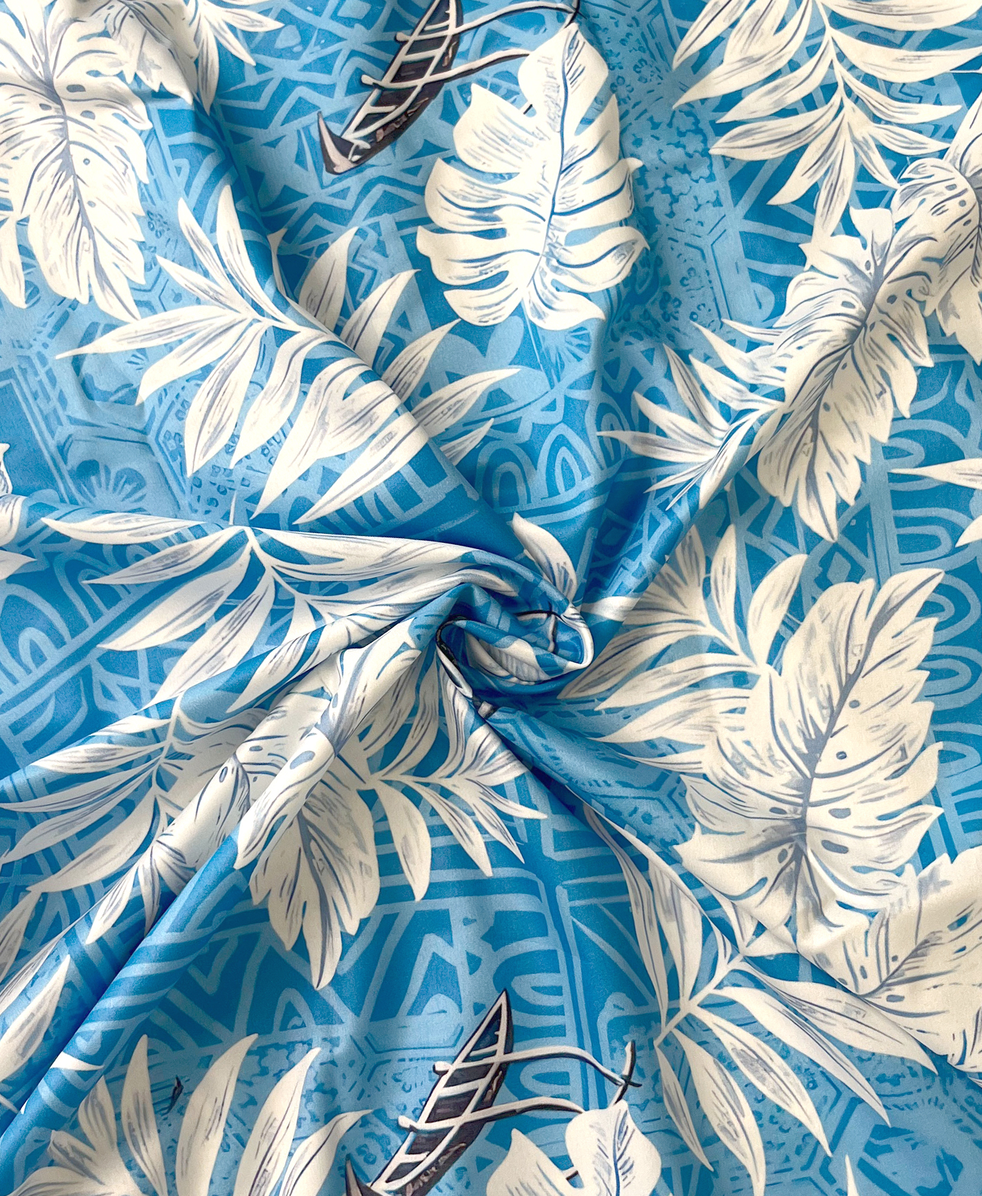 Men's Hawaiian Shirt, Short Sleeve Button Down, Tropical Palm Leaf Print, Blue and White