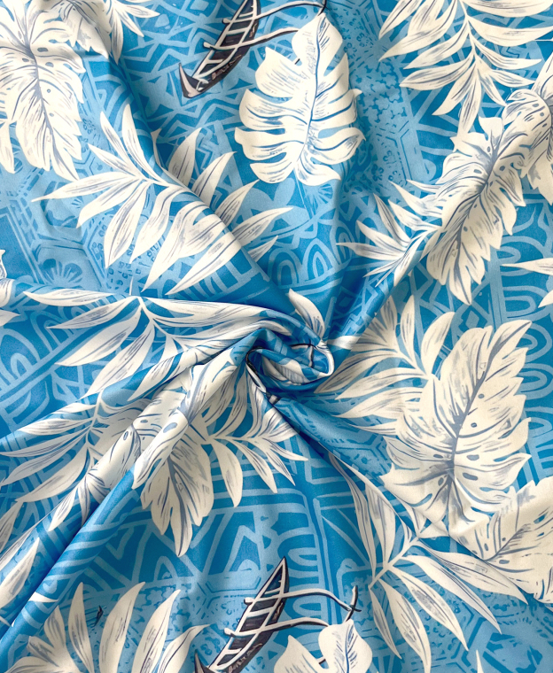 Men's Hawaiian Shirt, Short Sleeve Button Down, Tropical Palm Leaf Print, Blue and White