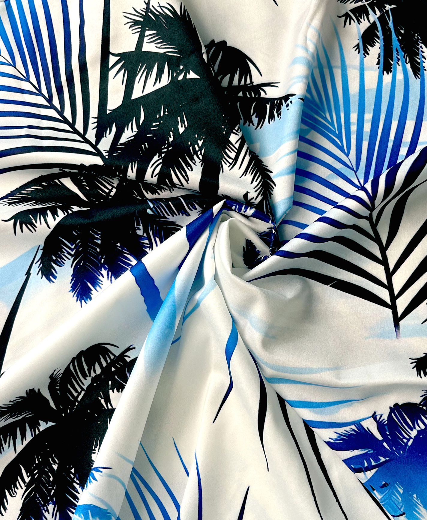 Men's Hawaiian Shirt, Short Sleeve Button Down, Palm Tree Print, Blue and White