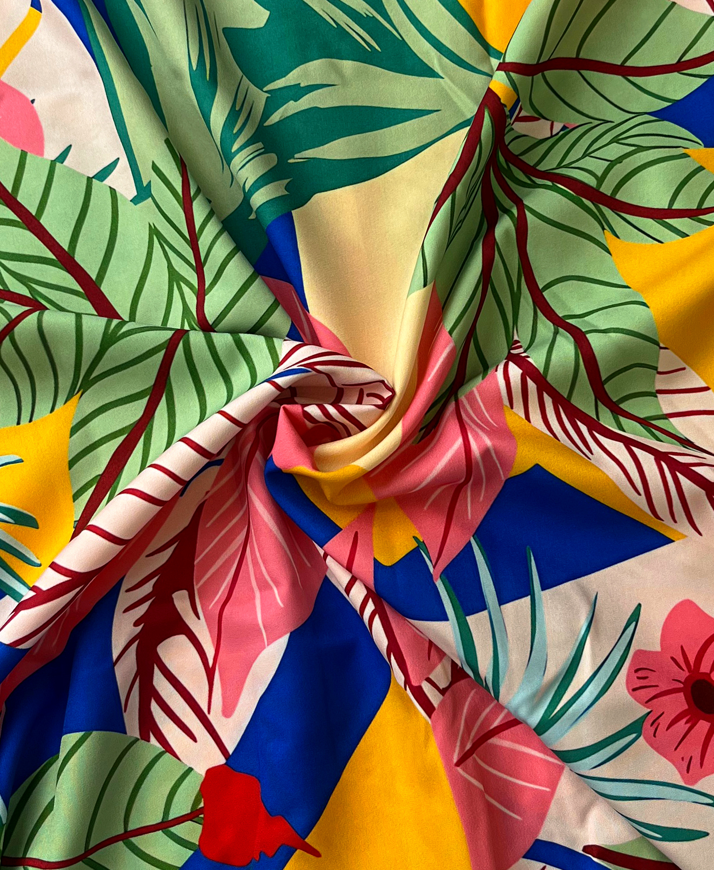 Men's Hawaiian Floral Print Button Down Shirt, Short Sleeve, Tropical Leaf Pattern, Blue and Pink