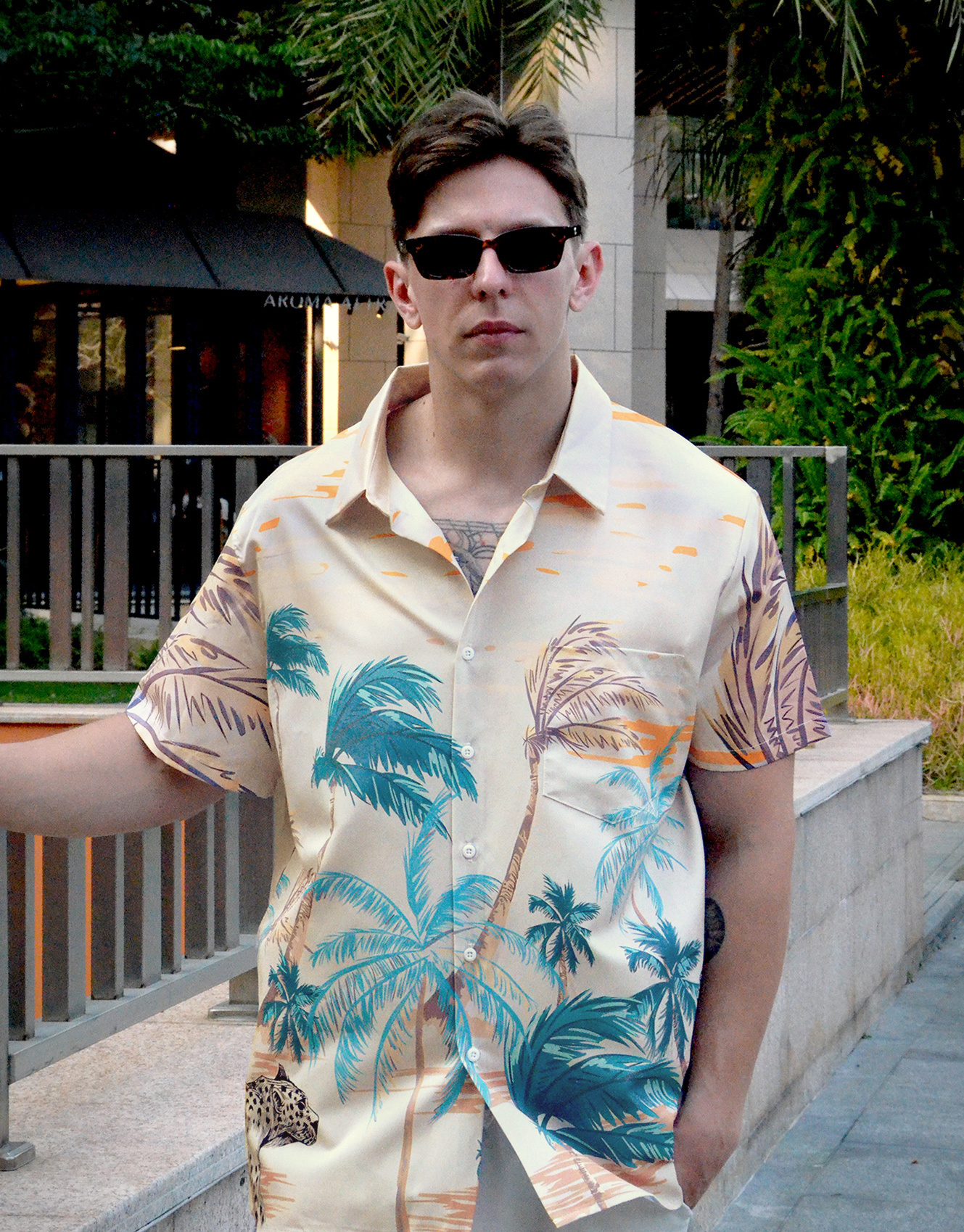 Men's Hawaiian Shirt, Short Sleeve Button Down, Palm Tree Print, Beige