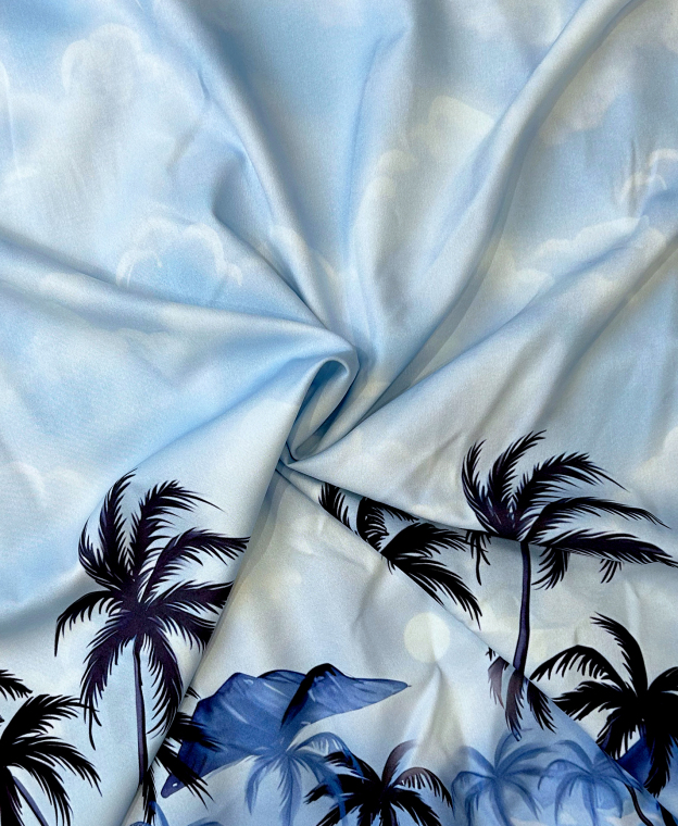 Men's Hawaiian Tropical Beach Print Button Down Shirt, Short Sleeve, Light Blue Palm Tree Design