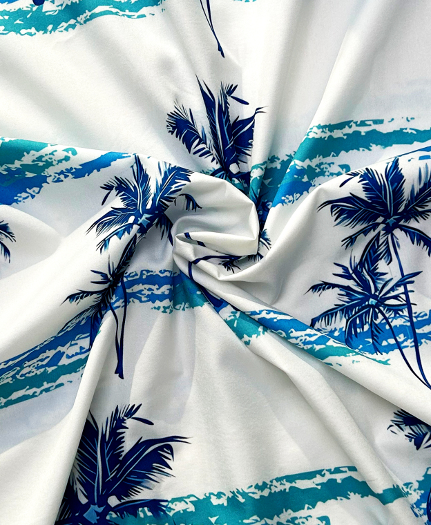 Men's Hawaiian Palm Tree Print Button Down Shirt, Short Sleeve, White with Turquoise Stripes