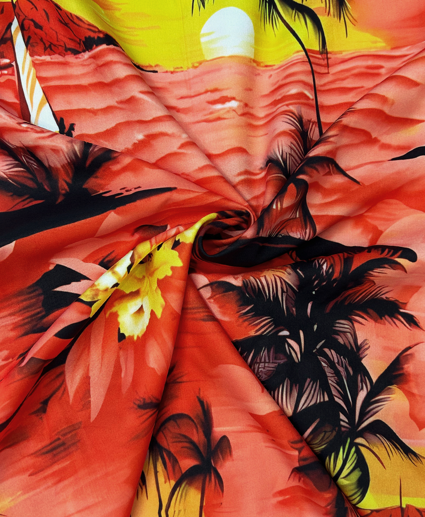 Men's Hawaiian Tropical Beach Print Shirt, Short Sleeve Button Down, Red Sunset Palm Design