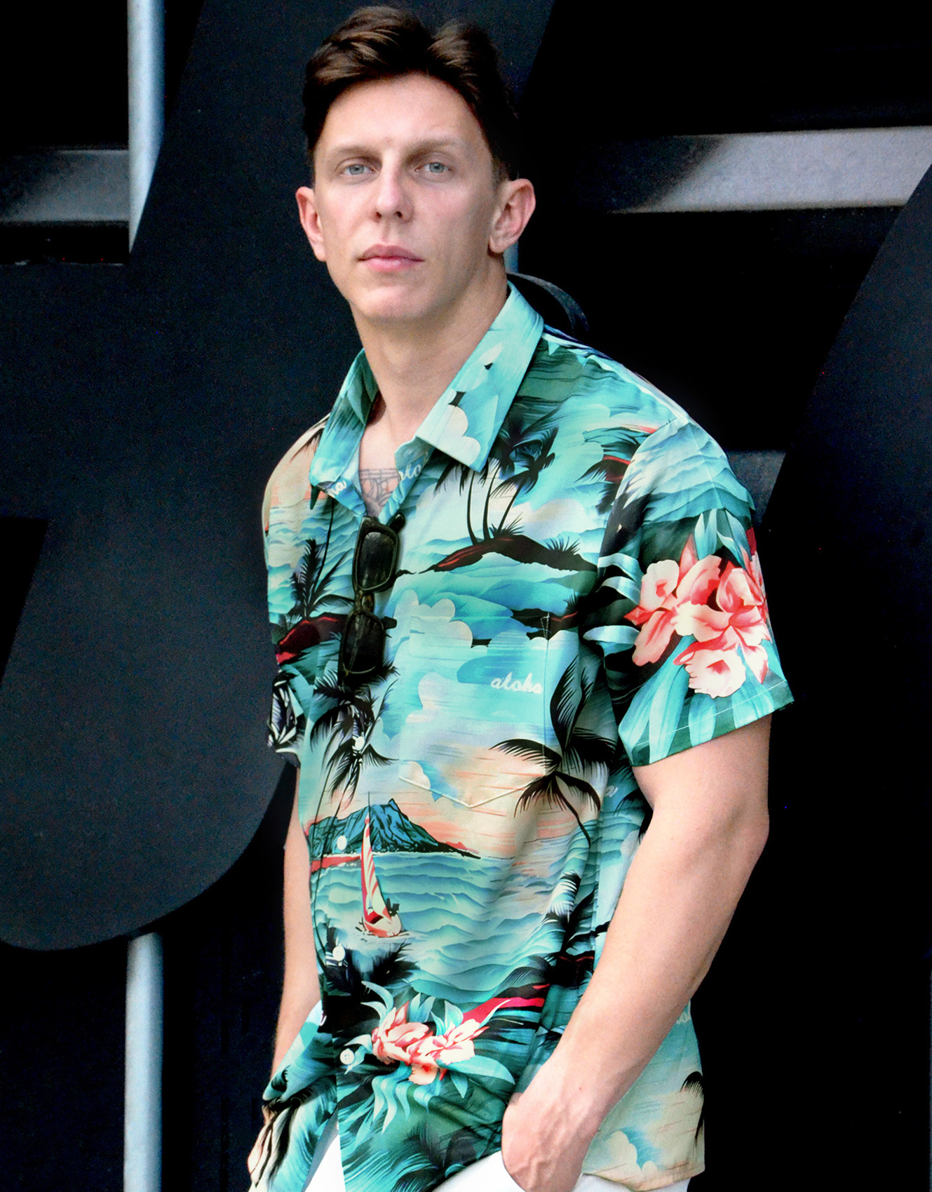 Men's Summer Hawaiian Aloha Shirt, Tropical Palm Beach Print, Short Sleeve Button Down, Turquoise Casual Bowling Shirt