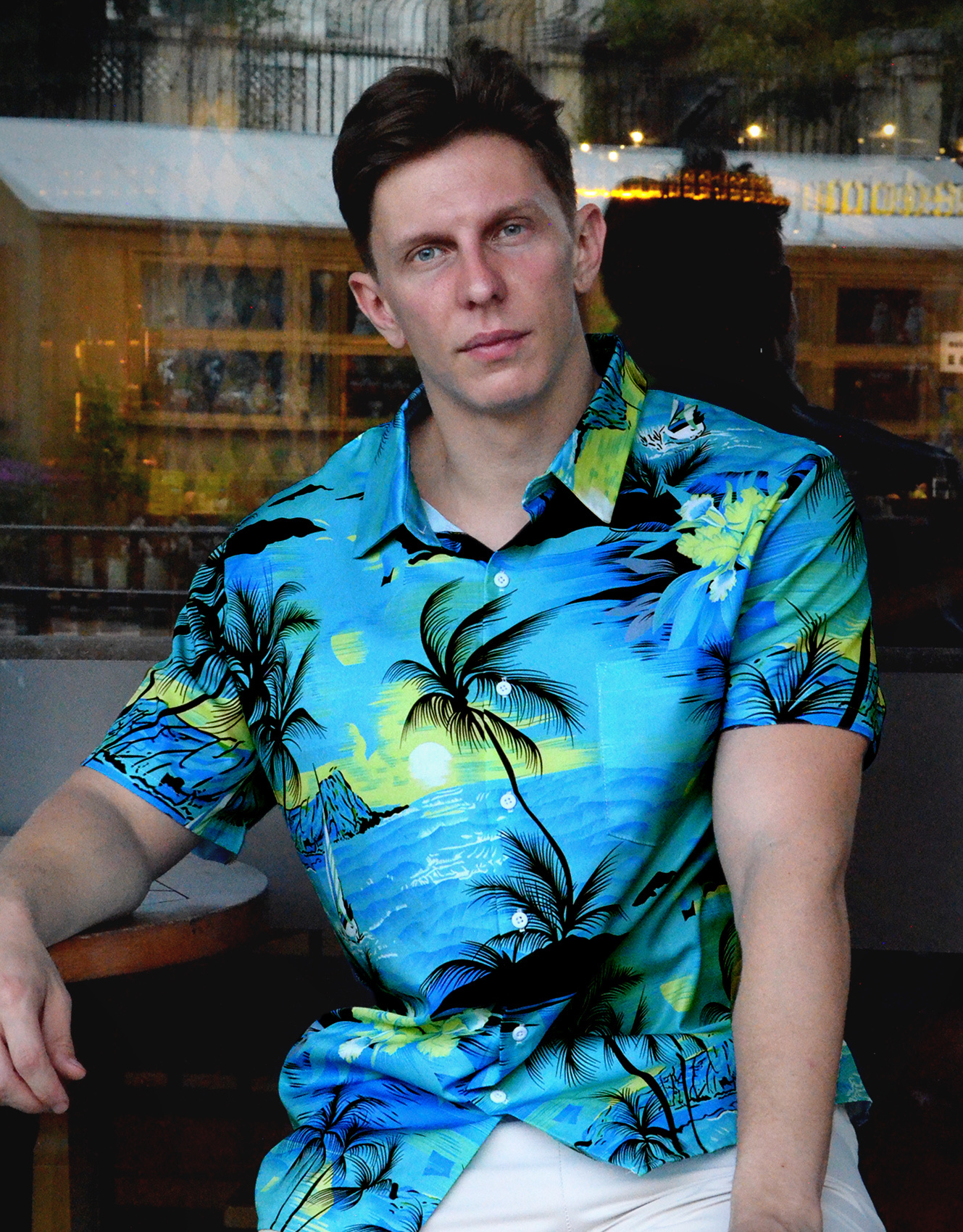 Men's Hawaiian Tropical Beach Print Button Down Shirt, Short Sleeve, Blue and Green Palm Trees