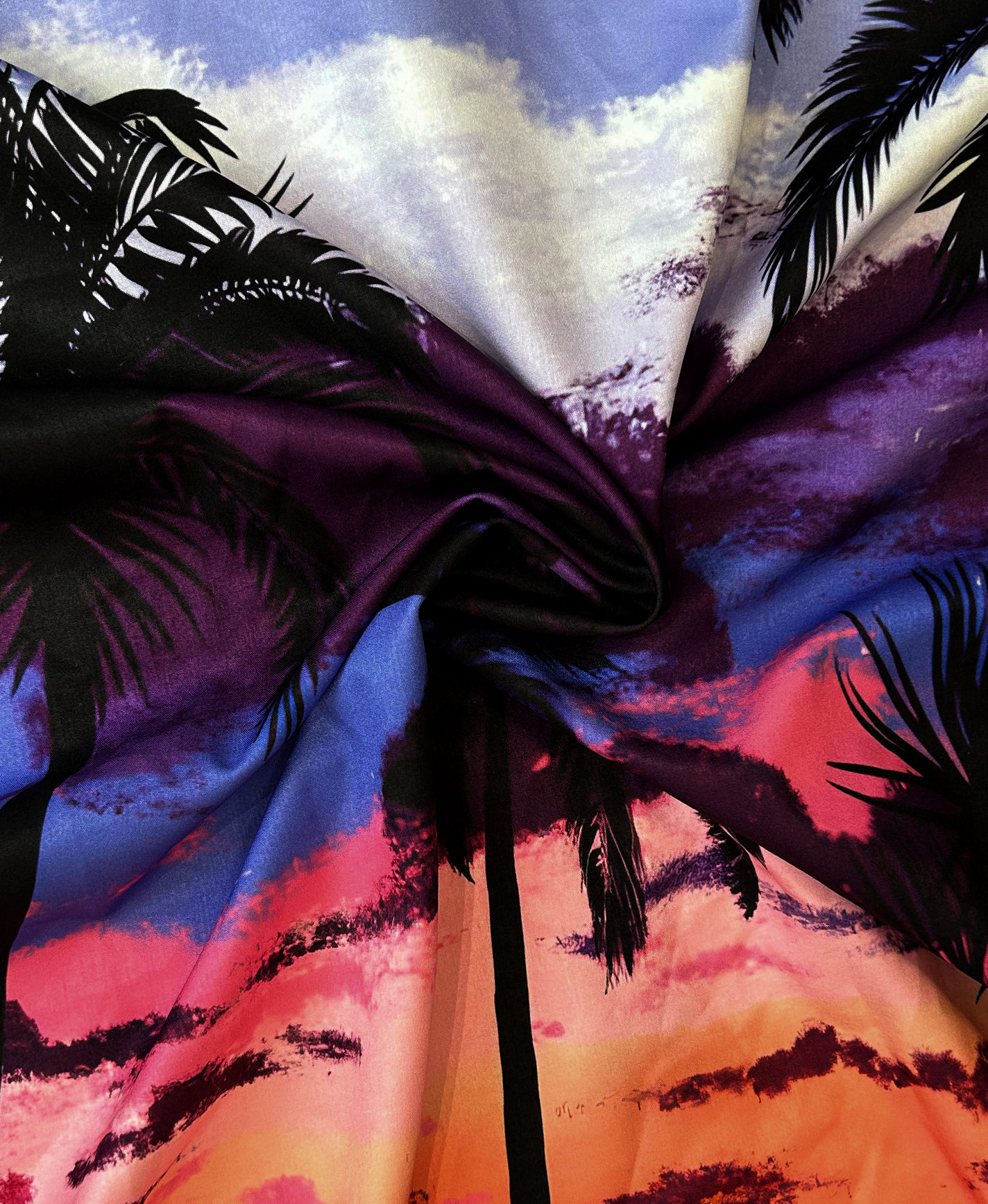 Men's Hawaiian Beach Shirt, Palm Tree Sunset Print, Short Sleeve Button Down, Blue and Purple